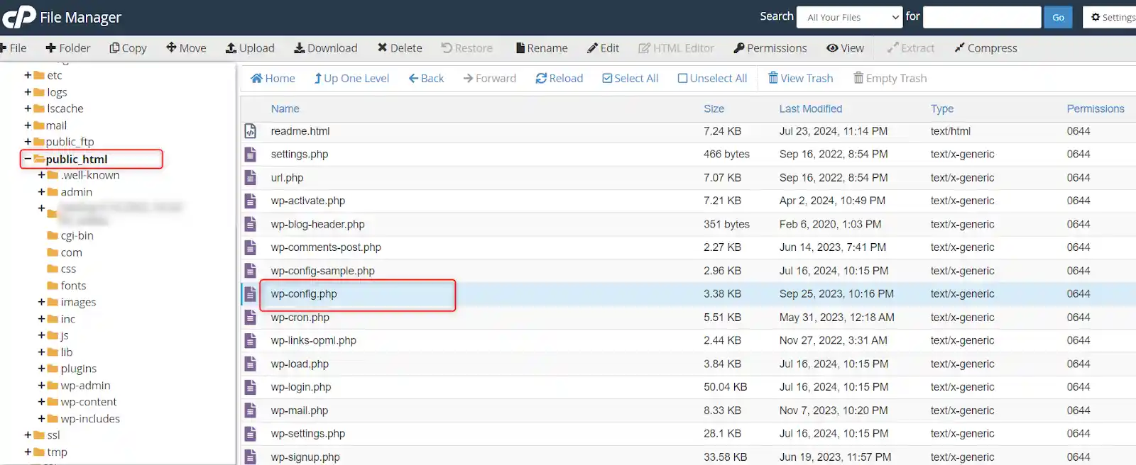 wp config php root folder